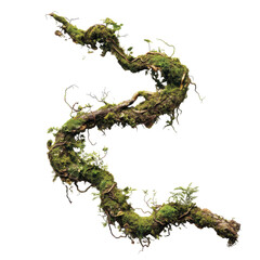 jungle tree limb with climbing vines, moss growth, and cracked surface isolated on transparent background