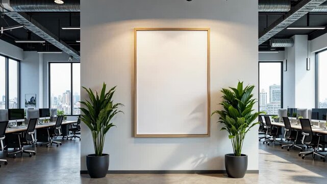 Large empty white wall with a picture frame and two potted plants. The room is a large open office space with many desks and chairs. The potted plants add a touch of greenery to the space