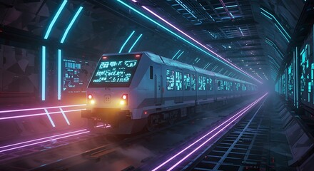 Futuristic Subway Train in Glowing Tunnel with Neon Lights