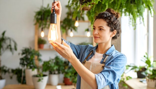 Woman Examining Light Bulb in Indoor Garden Setting - Powered by Adobe
