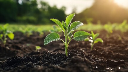 Young Plant Sprout with Dew Drops in Soil Close up view of seedlings in a field