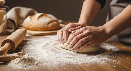Kneading Dough by Hand on Rustic Table with Loaf in Background – Artisan Breadmaking Concept