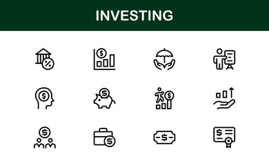 Investing essentials illustrated with modern precision — professional minimal vector line icon set covering finance, stock market, money management symbols