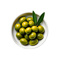 White bowl of olive fruit with leaf on transparent background