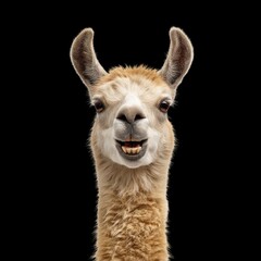 Obraz premium Friendly llama portrait with bright eyes and cheerful expression against a dark background highlighting its unique features and personality