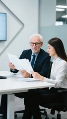 Two professionals discussing documents at a desk in an office setting