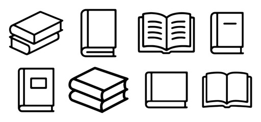 Illustration of various book styles including open and closed books in black outline