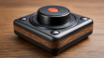 Fototapeta premium Innovative Black Gaming Controller with Circular Button and Wooden Base on a Modern Desktop Surface
