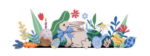 Obraz premium Happy Easter. Cute rabbits, chicken, Easter cakes, ribbons, eggs and spring flowers. Blue banner for celebration and Easter greetings. Flat Vector
