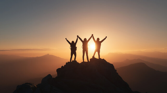 Together overcoming obstacles with three people holding hands up in the air on mountain top , celebrating success and achievements 