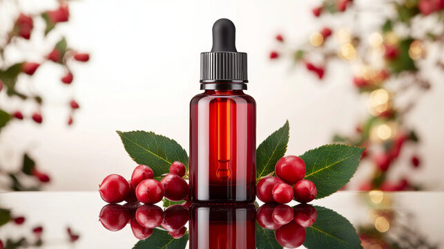 Vitamin rich face serum with rosehip seed oil, offering natural glow, is showcased red glass dropper bottle surrounded by fresh rosehip berries and green leaves, exuding sense of purity