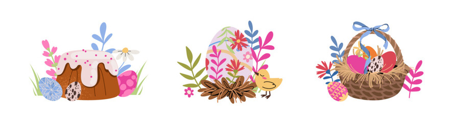 Happy Easter. Chicken, Easter cakes, ribbons, eggs and spring flowers. Cute compositions for celebration and Easter greetings. Flat Vector