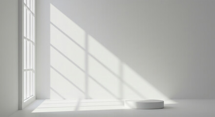 Obraz premium Sunlight filtering through window bars into a minimalist interior.