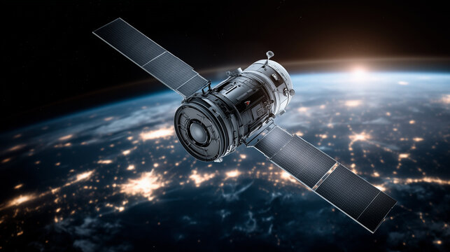 Close-up of a high-tech satellite orbiting Earth, the planet's curvature visible in atmospheric light