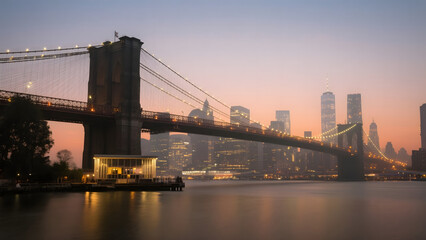 Obraz premium Brooklyn Bridge at Dusk with Manhattan Skyline in the Background