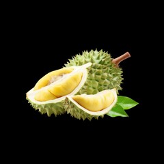 Fototapeta premium Fresh Durian Fruit with Creamy Yellow Flesh on Black Background Surrounded by Green Leaves