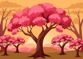 Stylized Landscape with Pink Trees and Warm Sunset Colors in a Flat Design