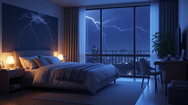 Dramatic Night Storm Illuminates Modern Bedroom Interior with Lightning Flashes over Cityscape View