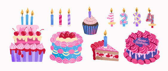 Birthday Cakes and candles. Blue and pink toned illustration with strawberry and whipped cream. Vector flat art set