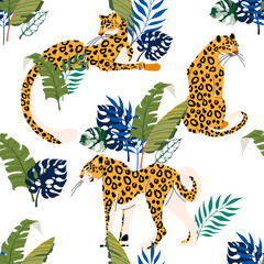 Seamless pattern with leopards and tropical leaves. Leopards on a white background surrounded by tropical plants. Vector illustration