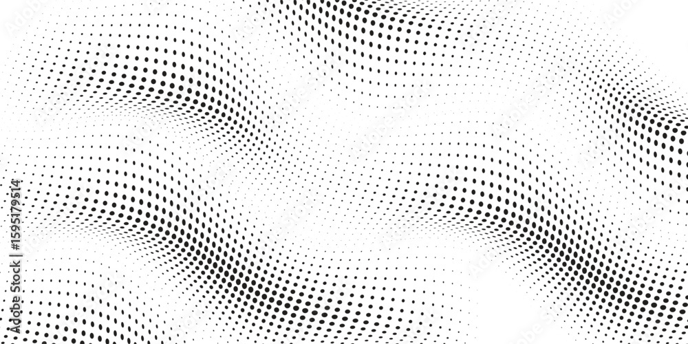 Poster flowing dots particles wave pattern halftone black gradient curve shape isolated on white background