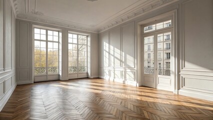 Obraz premium Bright Classic Interior with Chevron Parquet Flooring and Elegant Wall Molding