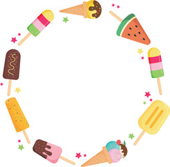 Cartoon round frame with ice creams and stars on transparent background. 
