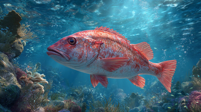 A vibrant red snapper swimming near colorful coral reefs in clear tropical ocean water, showcasing marine wildlife and underwater beauty.