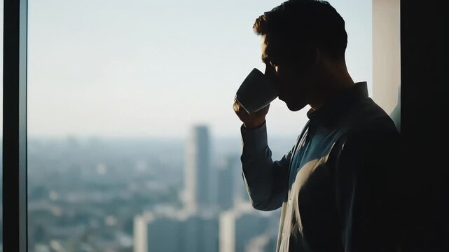 Mindful Office Break With City View and Warm Drink - AI Generated