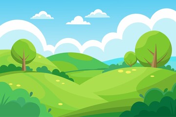 Fototapeta premium Cartoon Landscape with Green Hills Trees and a Blue Sky with Clouds