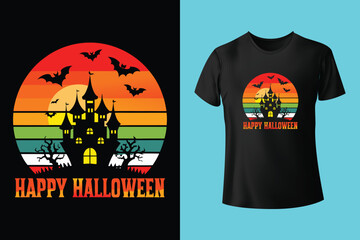 White women's cotton t-shirt halloween mockup with pumpkins, spiders and bats on black background. Design t shirt template, print presentation mock up. Top view flat lay. 