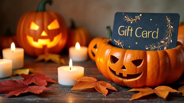 A festive scene of a gift card placed inside a pumpkin during Halloween, with candles and autumn leaves surrounding it..