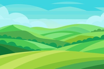 Obraz premium Cartoon Green Hills Landscape with Blue Sky and Clouds Vector Illustration