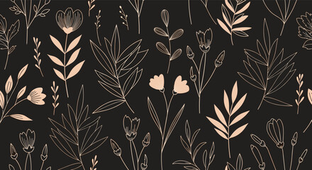 Elegant botanical illustration of delicate flowers and leaves in a sophisticated dark palette