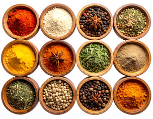  Top View Arrangement of Assorted Natural Spices in Wooden Bowls, Minimalist Culinary Composition, Isolated PNG