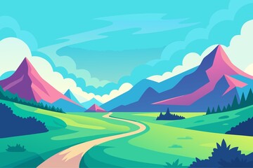 Colorful Mountain Landscape with Winding Path and Sky Illustration