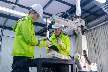 Engineers collaborating with robotic technology in a modern facility during daytime