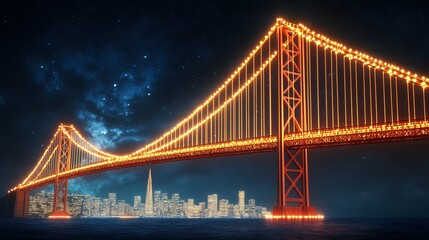 Obraz premium Illuminated Suspension Bridge Over Night Cityscape