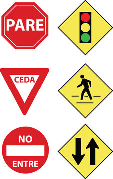 Collection of six different traffic signs, including stop, yield, pedestrian crossing, traffic light, and no entry signs, in a grid arrangement.