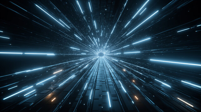 Futuristic journey through a glowing blue neon light tunnel, a high-speed digital corridor representing data transfer and cyberspace travel