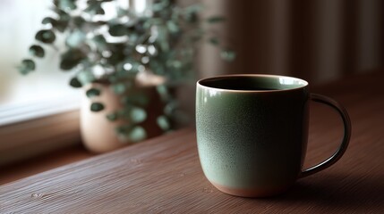 Warm coffee cup on wooden table near window with green plant in cozy interior during early morning light