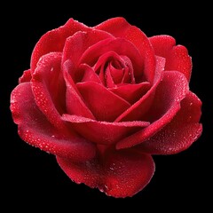 Naklejka premium Stunning Close-up of a Vibrant Red Rose with Dew Drops on Petals Against a Black Background