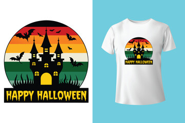 White women's cotton t-shirt halloween mockup with pumpkins, spiders and bats on black background. Design t shirt template, print presentation mock up. Top view flat lay. 