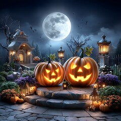 Spooky graveyard with jack o lanterns high resolution picture