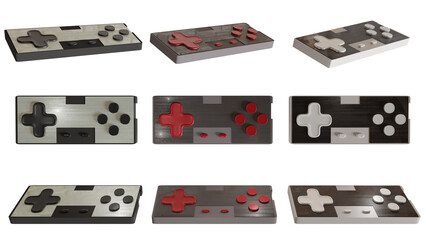 Set of retro gamepads for old gaming consoles in different angles and in different colors, isolated on a transparent background. 3D rendering.