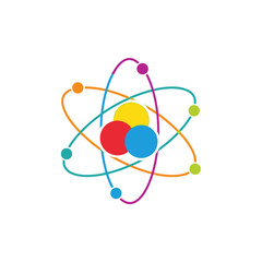 Colorful atom model with orbiting electrons on a white background.