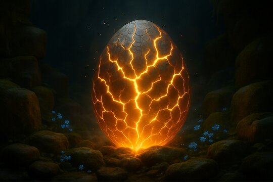 A giant egg that is about to hatch is black and golden in color.