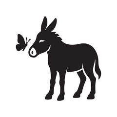 Fototapeta premium Black silhouette of a donkey with closed eyes looking at a butterfly on a white background image