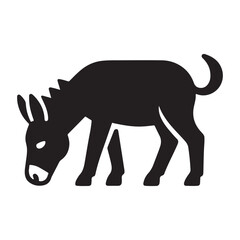 A silhouette of a donkey grazing with its head down and tail curled on a white background vector art