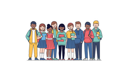 Diverse group of young students standing together holding books ready for education and learning adventures